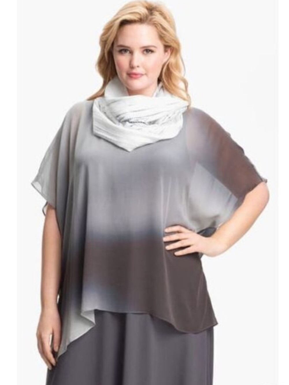 NWOT Eileen Fisher 100% Silk Ballet Neck Tunic Moon Ombre Blurred Gray Topper 2X